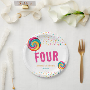 Cute Sweet Lollipop Candy 4th Birthday Paper Plate