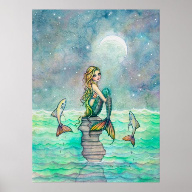 Cute Sweet Mermaid and Fish Fantasy Art Poster (Front)