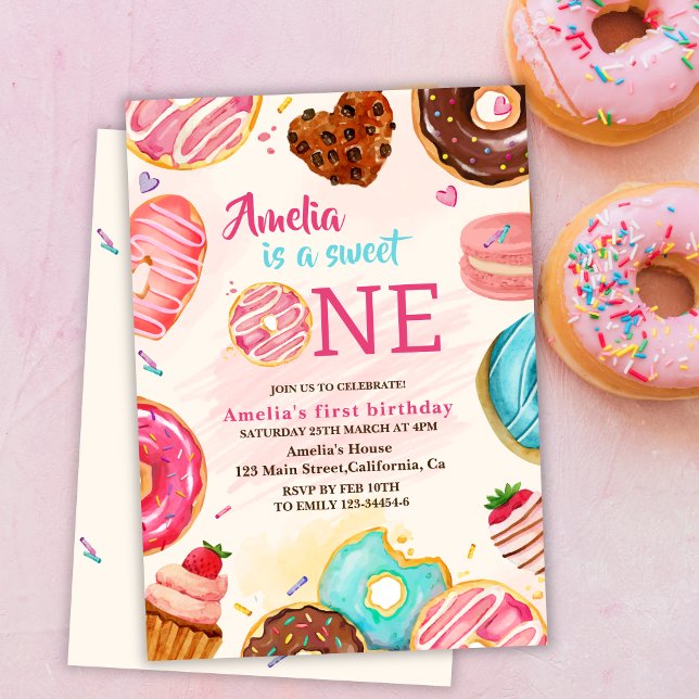 Cute Sweet one doughnut girl 1st birthday Invitation (Creator Uploaded)