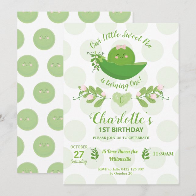 Cute Sweet Pea in a Pod Birthday Girl Invitation (Front/Back)