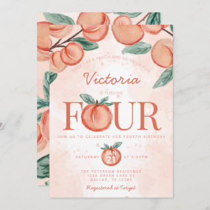 Cute Sweet Peach turning FOUR 4th Birthday Party Invitation