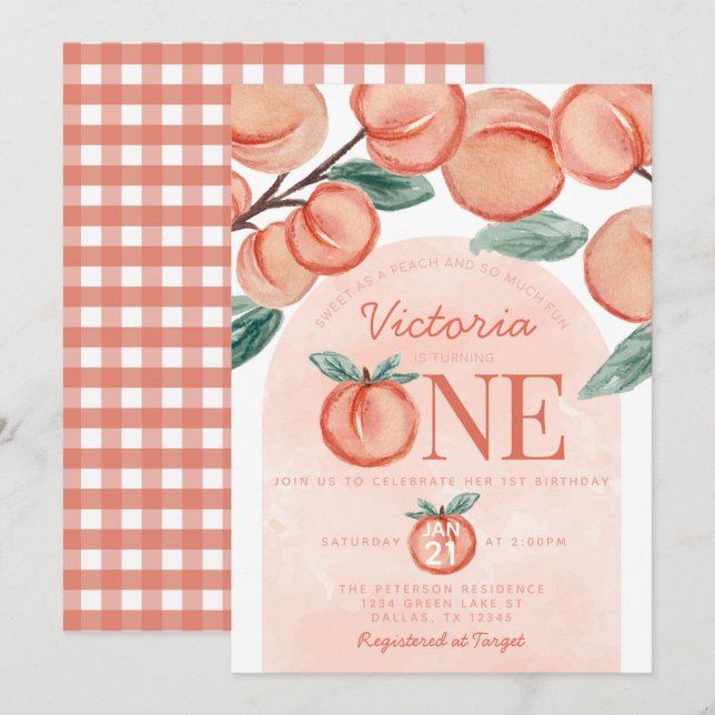 Cute Sweet Peach turning ONE 1st Birthday Party Invitation (Front/Back)