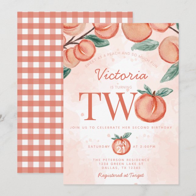 Cute Sweet Peach turning TWO Second Birthday Party Invitation (Front/Back)