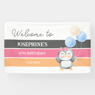 Cute Sweet Penguin Balloon Girl Birthday Welcome Banner