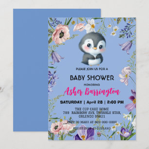 Cute sweet penguin Rustic flower baby shower kids Invitation