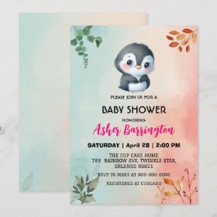 Cute sweet penguin Spring flower baby shower kids Invitation