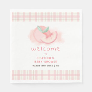Cute Sweet Pink Gingham Peach Baby Shower Welcome Napkin