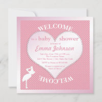 Cute Sweet Pink Stork Heart Baby Girl Shower