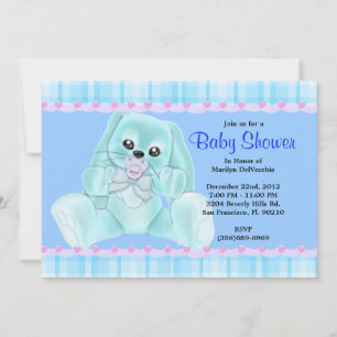 CUTE Sweet Plush Blue Bunny Rabbit Baby Shower Invitation
