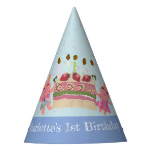 Cute Sweet Rabbits with Cake Blue Kids Birthday Party Hat