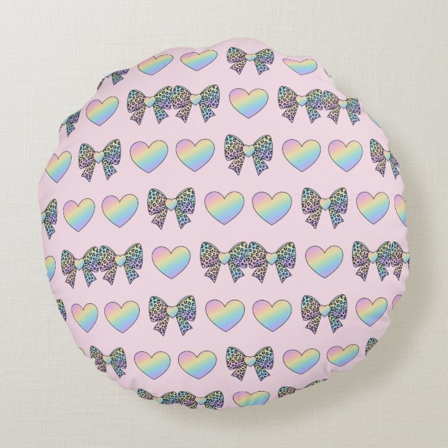  cute sweet rainbow hearts pastel gradient pattern round pillow (Back)