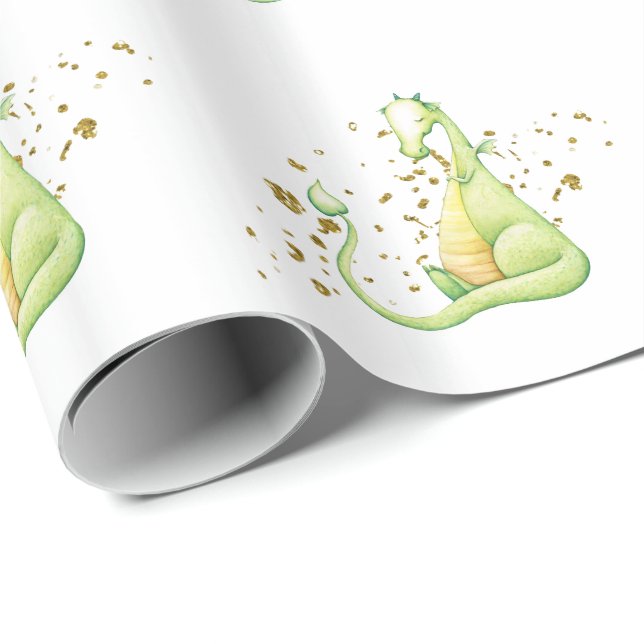 *~* Cute Sweet Sleeping Green Dragon Dinosaurs Wrapping Paper (Roll Corner)