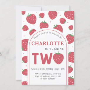 Cute Sweet Strawberry 2nd Birthday Party Invitation