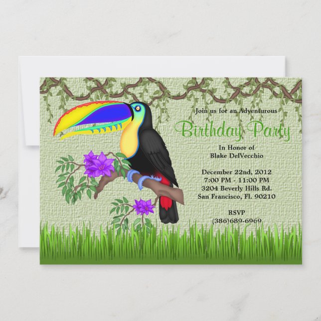 CUTE Sweet Tucan Bird Vines Jungle Birthday Invitation (Front)