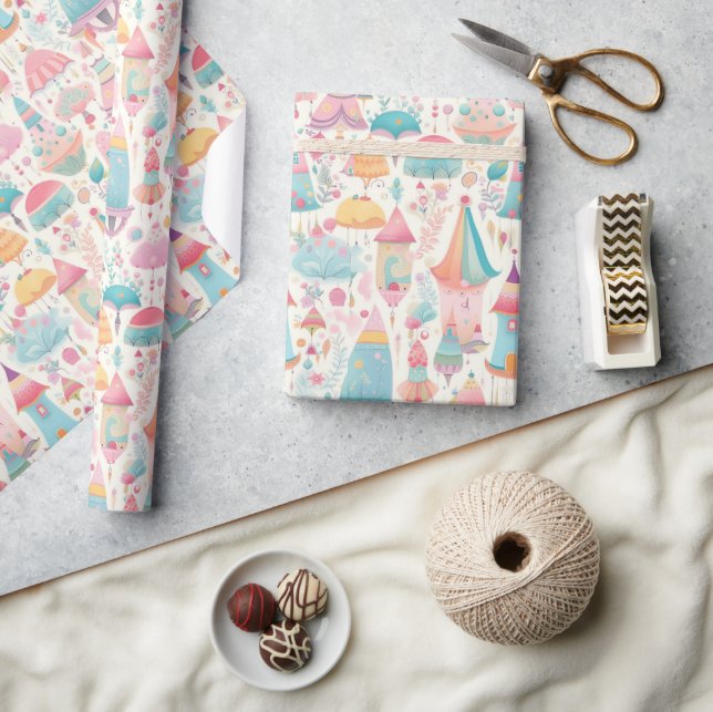 Cute sweet whimsical colourful pattern pink blue wrapping paper (Crafts)