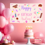 Cute sweets candy illustration kids birthday party banner<br><div class="desc">Happy Birthday! Celebrate your kid birthday with this fun hand drawn cute sweets and candy ,  with chocolate bar,  lollipops on a customizable pink frame background.</div>