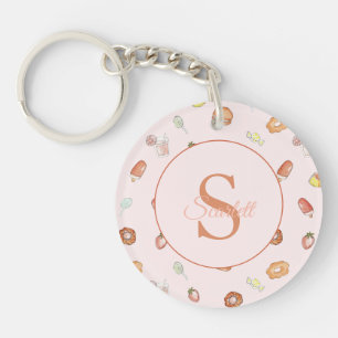 Cute sweets pattern Monogram Name pink Keychain