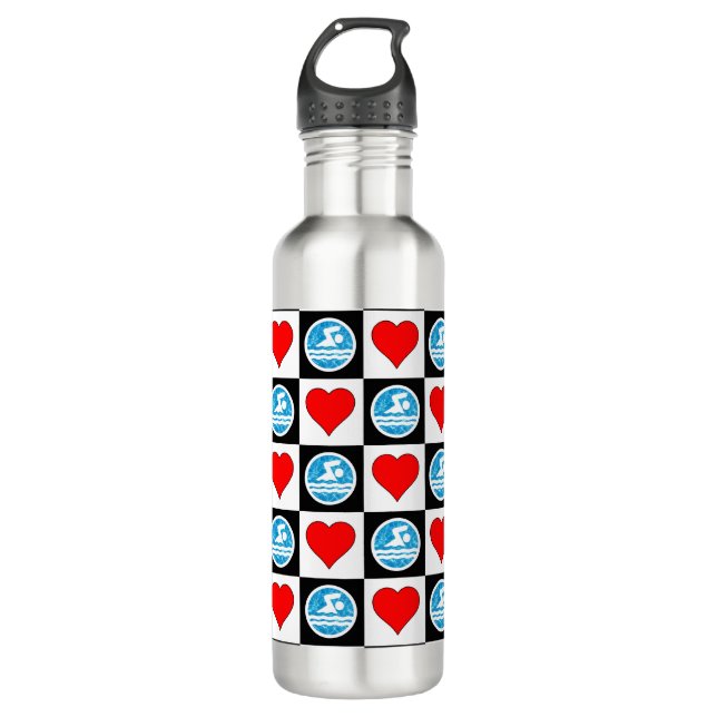 Cute Swim Pattern Swimmers and Hearts Swimming 710 Ml Water Bottle (Front)