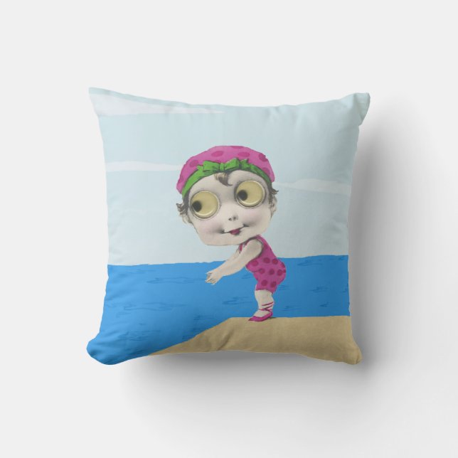 Cute Swimmer Girl Pink Suit Google Eyes Lake Outdoor Pillow (Front)
