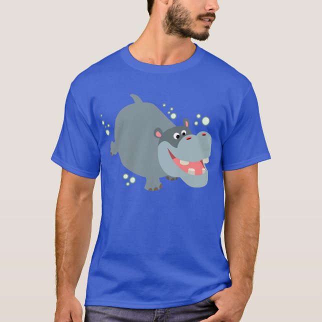 Cute Swimming Cartoon Hippo T-Shirt (Front)