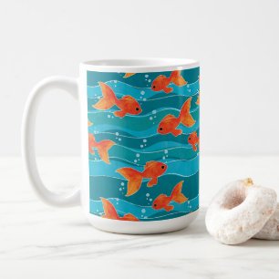 Cute Swimming Goldfish & Water Pattern Coffee Mug