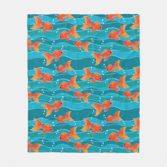 Cute Swimming Goldfish & Water Pattern Fleece Blanket (Front)