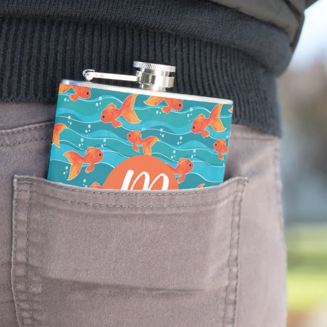 Cute Swimming Goldfish & Water Pattern Hip Flask (In Situ)