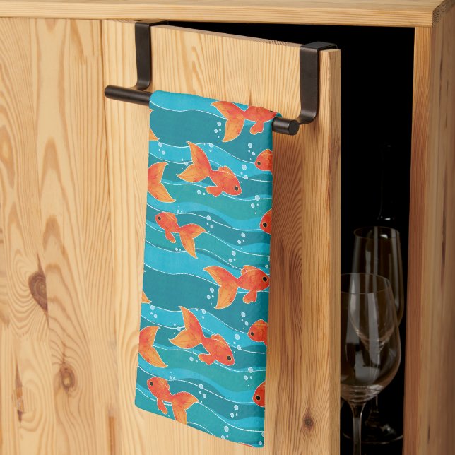 Cute Swimming Goldfish & Water Pattern Kitchen Towel (Thirds Fold)