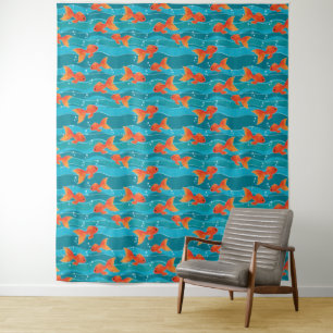 Cute Swimming Goldfish & Water Pattern Tapestry