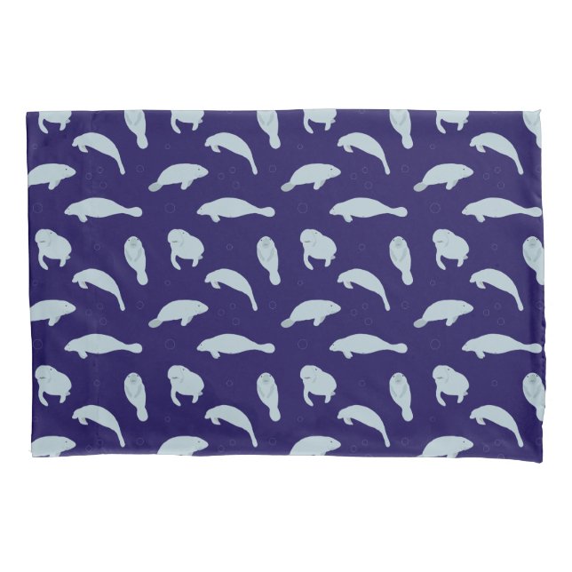 Cute Swimming Manatee Patterned Blue Pillowcase (Front)