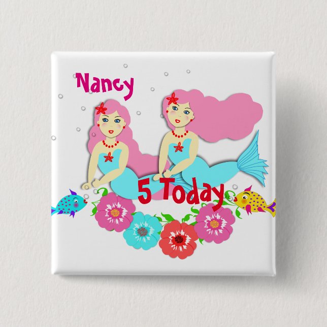 Cute Swimming Mermaid Themed Personalized 2 Inch Square Button (Front)