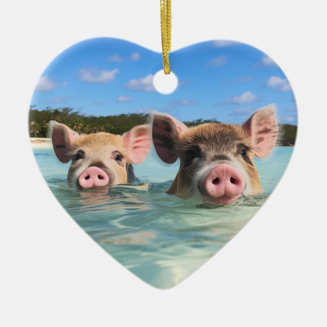 Cute Swimming Pig Exuma Bahamas Ceramic Ornament (Front)