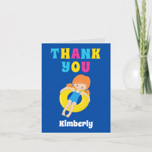 Cute Swimming Pool Redhead Girl Personalized Kids Thank You Card