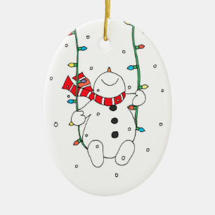 Cute Swinging Snowman Ceramic Ornament