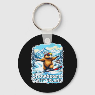 Cute Swiss Marmot Snowboarding Scenic Mountains Keychain