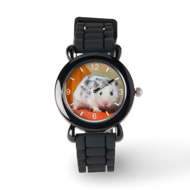 Cute Syrian Hamster White Black Spotted dial-plate Watch (Front)