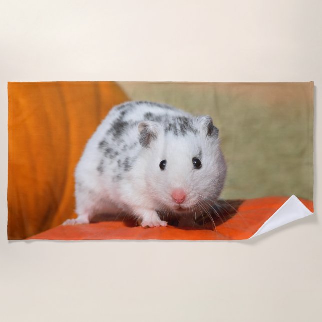 Cute Syrian Hamster White Black Spotted Funny Pet Beach Towel (Front)
