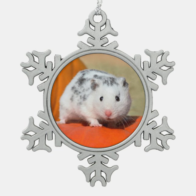 Cute Syrian Hamster White Black Spotted Funny Pet Snowflake Pewter Christmas Ornament (Front)
