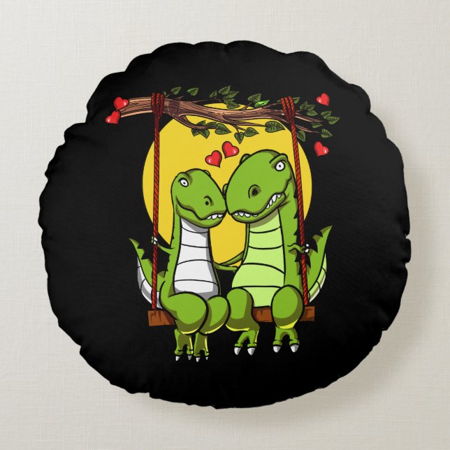 Cute T-Rex Dinosaur Couple Round Pillow (Front)