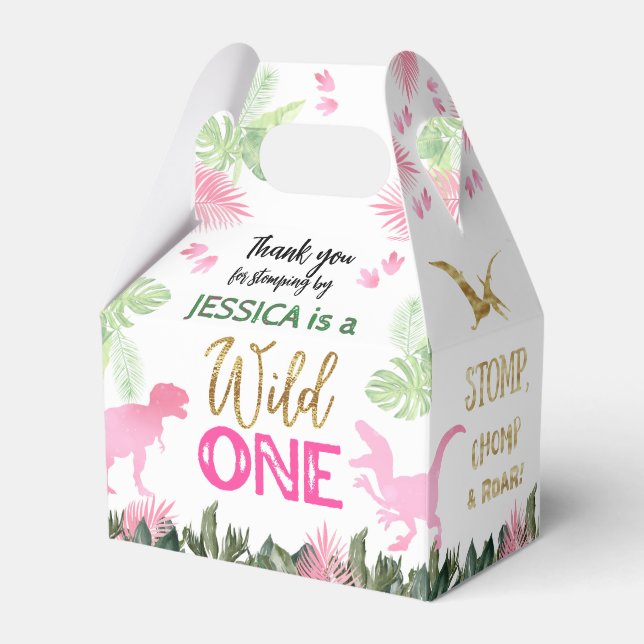 Cute T Rex Dinosaur Girl 1st Birthday Party Favor Box (Front Side)