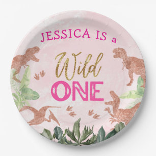 Cute T Rex Dinosaur Girl 1st Birthday Party Paper Plate
