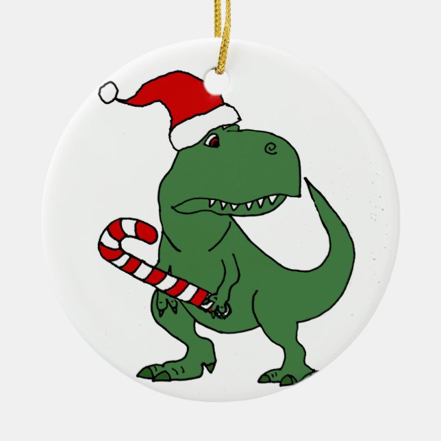 Cute T-rex Dinosaur in Santa Hat Christmas Art Ceramic Ornament (Front)