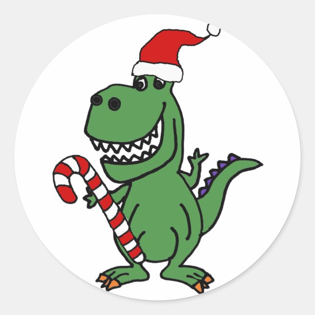 Cute T-rex Dinosaur in Santa Hat with Candy Cane Classic Round Sticker (Front)