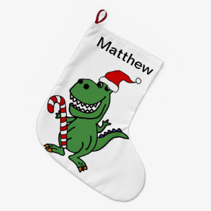 Cute T-rex Dinosaur in Santa Hat with Candy Cane Large Christmas Stocking