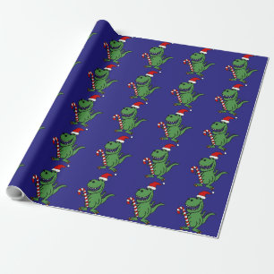 Cute T-rex Dinosaur in Santa Hat with Candy Cane Wrapping Paper