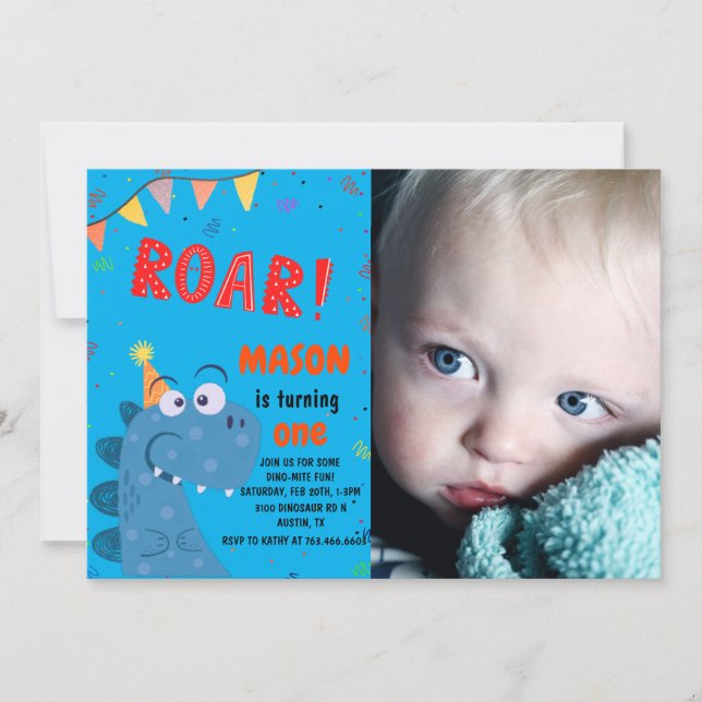 cute T-Rex Dinosaur Photo Kids Birthday Invitation (Front)