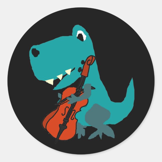 Cute T-rex Dinosaur Playing Cello Music Classic Round Sticker (Front)