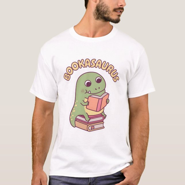 Cute T-rex Dinosaur Reading A Book Bookasaurus Fun T-Shirt (Front)