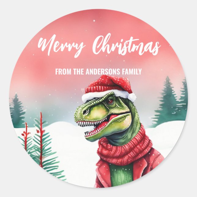 Cute t rex dinosaur Santa Christmas party kids Classic Round Sticker (Front)