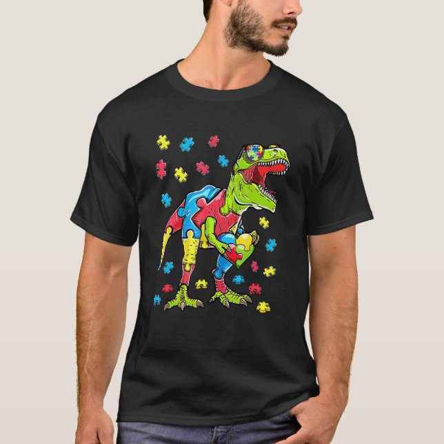 Cute T Rex Dinosaur Sunglasses Autism Awareness  B T-Shirt (Front)